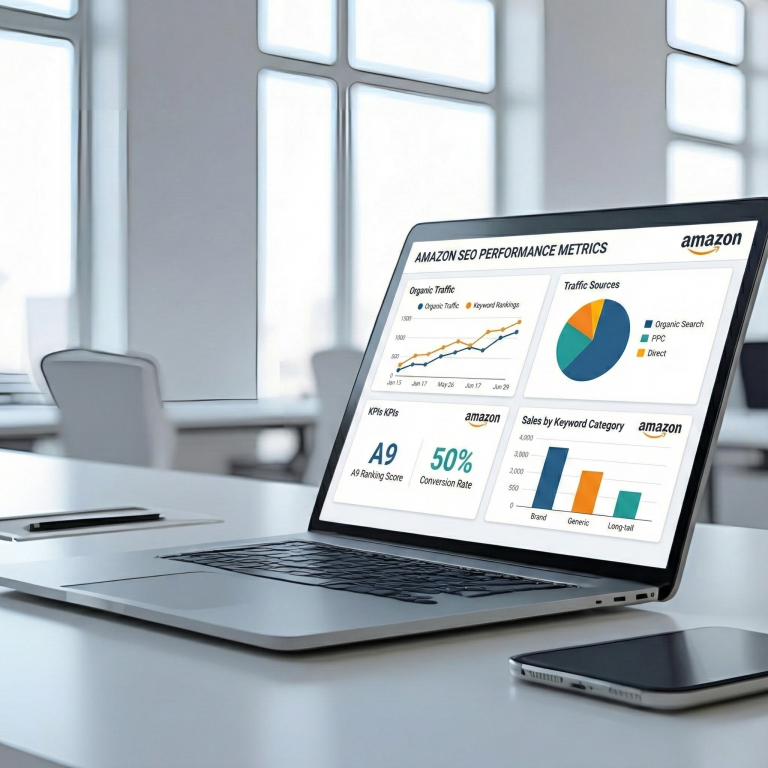 Laptop Screen Showing Amazon SEO Performance Metrics